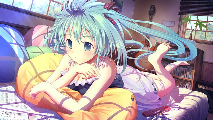 anime, chicas anime, Vocaloid, Hatsune Miku, , pies, cabello azul, en la cama, descalzo, piernas arriba, Fondo de pantalla HD