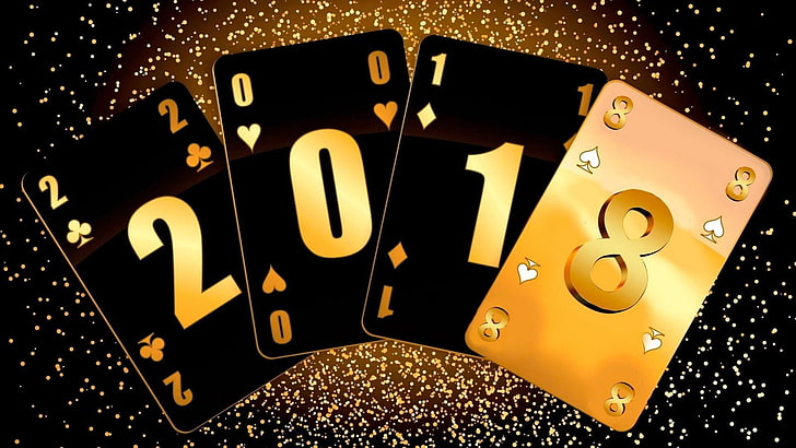 2018, gold, playing card, event, cards, graphic design, graphics, glitter, new year, midnight, shine, HD wallpaper