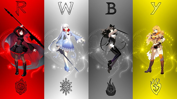 Collage de quatre personnages animés féminins, RWBY, Ruby Rose (personnage), Yang Xiao Long, Weiss Schnee, rouge, jaune, noir, blanc, glace, dessin animé, collage, filles anime, Fond d'écran HD