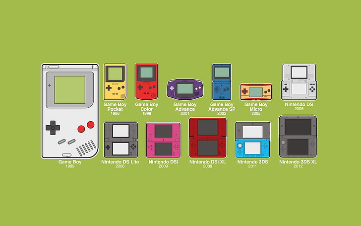 Иллюстрация игровой приставки Nintendo, GameBoy, Nintendo, консоли, минимализм, эволюция, HD обои