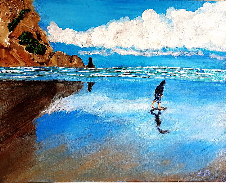 човек, който се разхожда по водно тяло, пейзаж, миди, традиционно изкуство, живопис, бряг, плаж, HD тапет