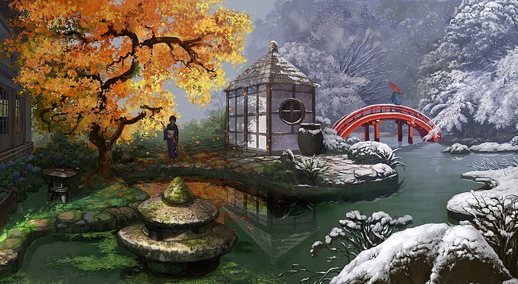 일본 정원 그림, 기모노에서 나무와 물 그림 근처에 서있는 사람, 예술, 판타지, 정원, 일본어, 그림, HD 배경 화면