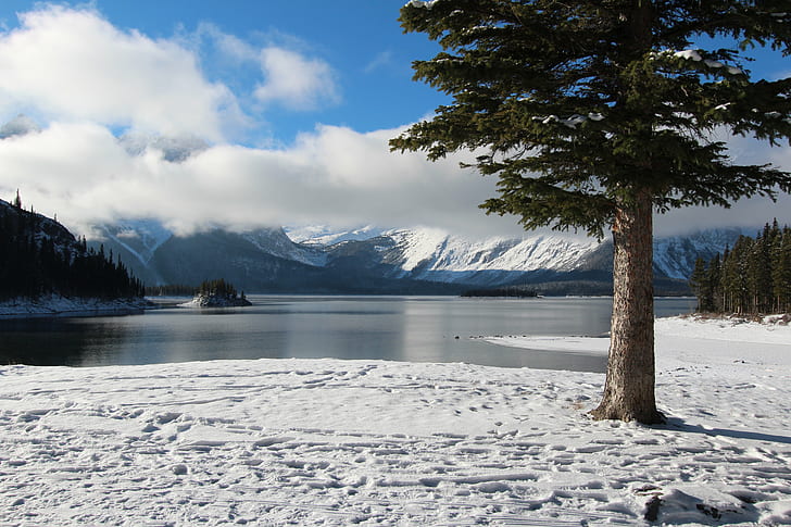 пейзажная фотография сосны и озера со снежной погодой, верхнее озеро Кананаскис, верхнее озеро Кананаскис, озеро Верхний Кананаскис, направляясь на запад, пейзажная фотография, сосна, снежная погода, озеро Верхний Кананаскис, Альберта, Канада, Осень, снег, гора,природа, зима, озеро, пейзаж, пейзажи, на природе, небо, HD обои