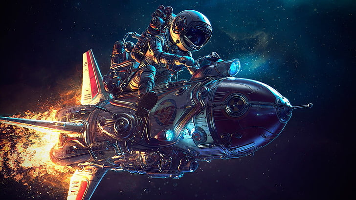 Илюстрация на астронавт и ракета, Photoshop, небе, ракета, галактика, Майкъл Блек, астронавт, HD тапет