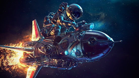 Ilustrasi astronot dan roket, Photoshop, langit, roket, galaksi, Michael Black, astronot, Wallpaper HD HD wallpaper