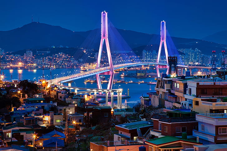 most, budynek, dom, zatoka, miasto nocą, Korea Południowa, Pusan, Republika Korei, Most Pasangan, Zatoka Busan, Bay Pushman, Most portowy w Pusanie, Tapety HD
