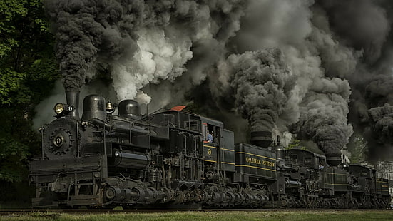 train steam locomotive dust railway wheels maryland usa nature trees grass smoke, HD wallpaper HD wallpaper