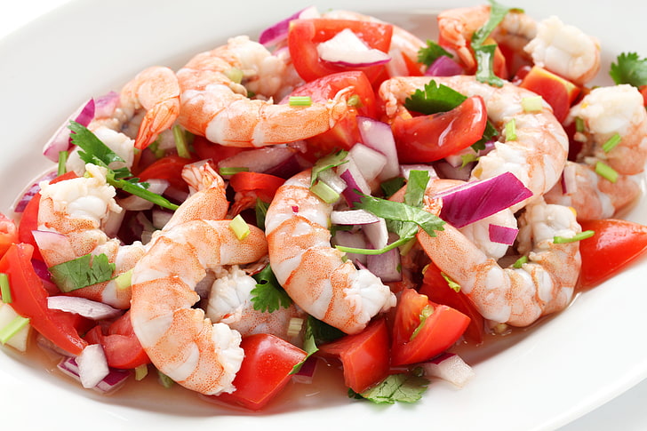 cooked shrimp, tomatoes, salad, shrimp, lettuce, HD wallpaper