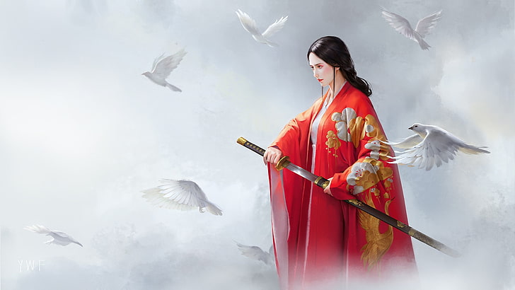 bird, black, dove, girl, hair, katana, kimono, oriental, sword, warrior, woman, HD wallpaper