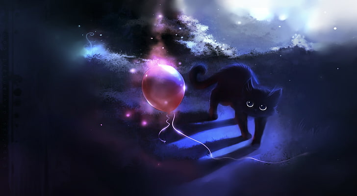Black Kitty And A Red Balloon, black cat, Artistic, Fantasy, Beautiful, Balloon, Kitten, Black, Artwork, Kitty, Animal, Painting, Cute, cat painting, black cat, HD wallpaper