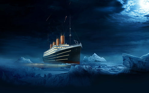 الفن الرقمي ، الجبل الجليدي ، القمر ، الليل ، البحر ، السفينة ، تيتانيك، خلفية HD HD wallpaper