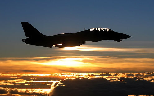 avión, puesta de sol, Grumman F-14 Tomcat, silueta, nubes, F-14 Tomcat, avión, avión militar, militar, vehículo, Fondo de pantalla HD HD wallpaper