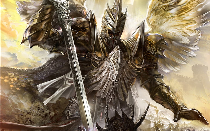 рицар с крила и меч цифров тапет, крила, меч, броня, ангел, удар, битка, HD тапет