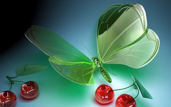 Butterfly And Red Cherries The Glass 3d Digital Art Hd Wallpapers High Resolution 5120×3200, HD wallpaper