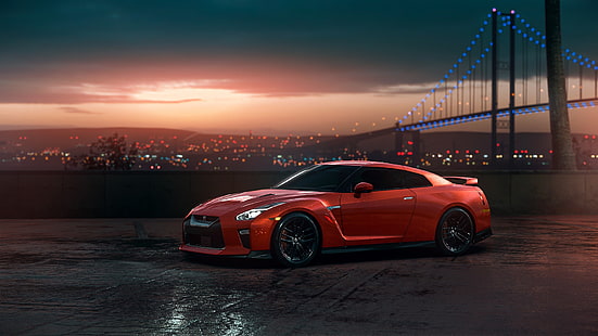 Nissan GT-R coupe สีแดง, GTR, Nissan, สีแดง, รถยนต์, พระอาทิตย์ตก, R35, มุมมอง, วอลล์เปเปอร์ HD HD wallpaper