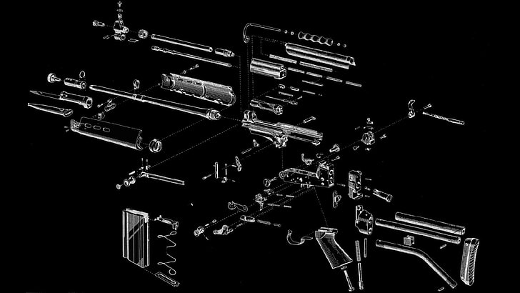 черная штурмовая винтовка, пистолет, диаграмма в разобранном виде, FN FAL, HD обои