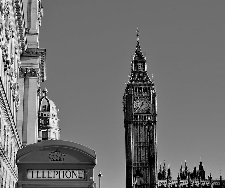 ancient, architecture, big ben, black and white, city, clock, clock tower, landmark, london, monochrome, sky, street, telephone booth, tower, travel, vintage, HD wallpaper