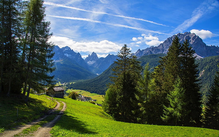 grama verde, natureza, paisagem, montanhas, Alpes, vale, caminho, floresta, verão, nuvens, grama, árvores, cabana, HD papel de parede