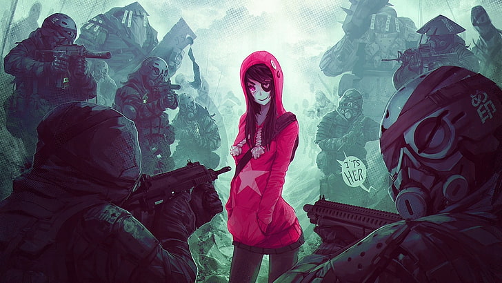 черноволосая женщина иллюстрации, произведения искусства, солдат, аниме девушки, повязка на глаз, пистолет, HD обои