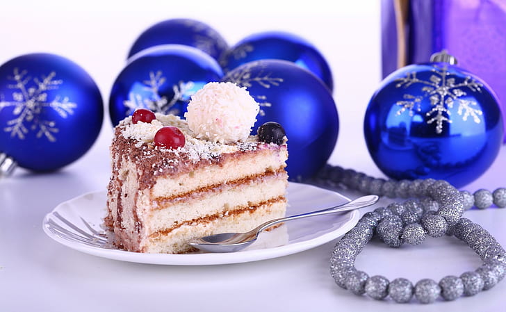елочные украшения, торт, угощение, праздник, новый год, новогодние украшения, торт, угощение, праздник, новый год, HD обои