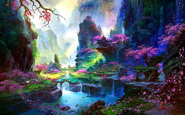 Forgotten Valley, landscape, fantasy, eastern, flowers, 3d and abstract, HD wallpaper