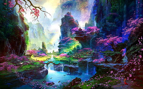 Valle dimenticata, paesaggio, fantasia, orientale, fiori, 3d e astratto, Sfondo HD HD wallpaper