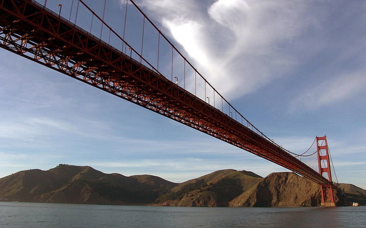 brown and black wooden frame, Golden Gate Bridge, San Francisco, bridge, hills, landscape, HD wallpaper