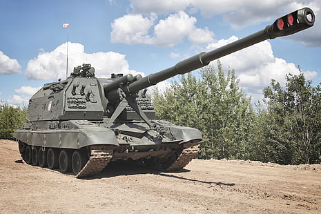tanque de armadura negra, tanque, pistola, instalación, autopropulsado, artillería, SAU, obús, Msta-S, Fondo de pantalla HD HD wallpaper