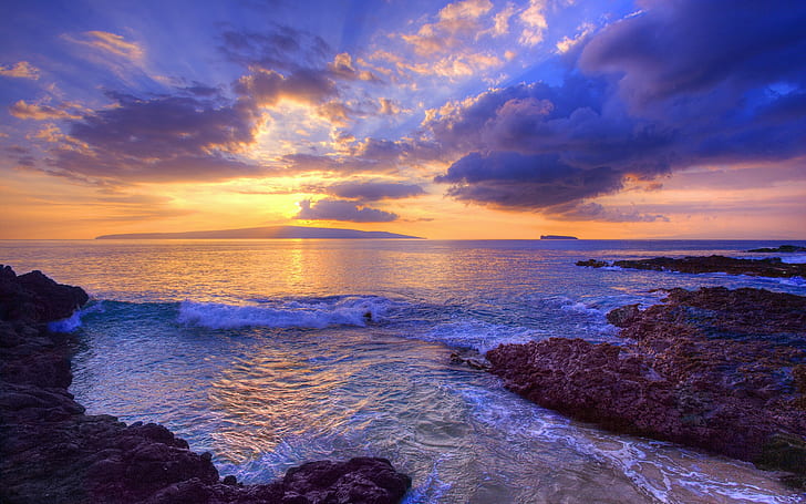 Pôr do sol na praia secreta, Maui, Havaí, EUA, céu azul, Pôr do sol, praia secreta, Maui, Havaí, EUA, HD papel de parede