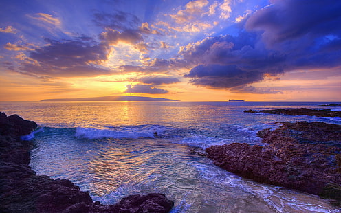 Zachód słońca na Secret Beach, Maui, Hawaje, USA, błękitne niebo, Zachód słońca, Sekret, Plaża, Maui, Hawaje, USA, Tapety HD HD wallpaper