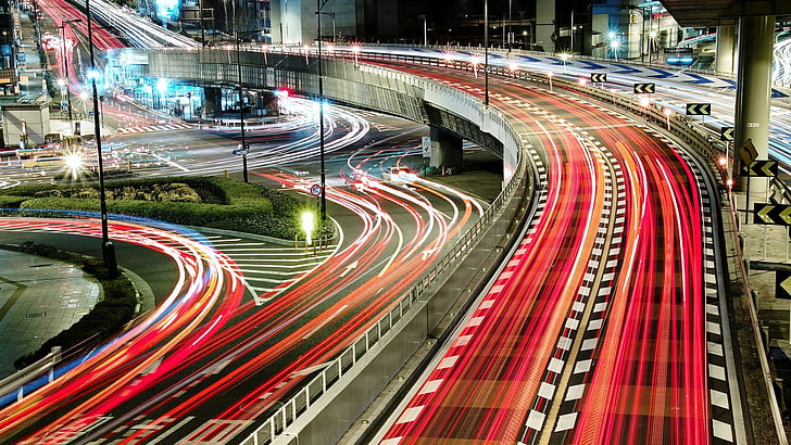 jalan selang waktu merah dan abu-abu, jalan, lanskap kota, pencahayaan panjang, lampu, Jepang, jalur cahaya, Wallpaper HD