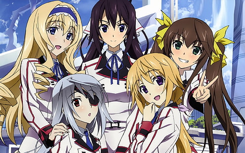 fem kvinnliga anime karaktär tar gruppbild, manga, Infinite Stratos, Alcot Cecilia, Bodewig Laura, Dunois Charlotte, HD tapet HD wallpaper