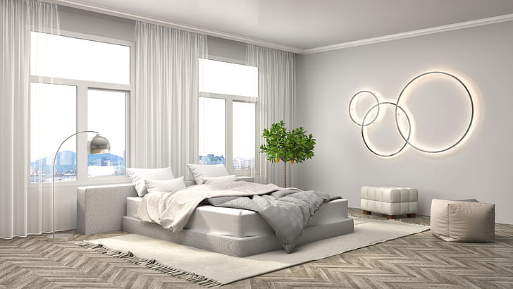 design, bed, interior, bedroom, modern, HD wallpaper