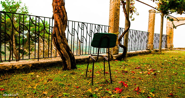 brown and black metal armless chair, nature, broken, chair, leaves, HD wallpaper