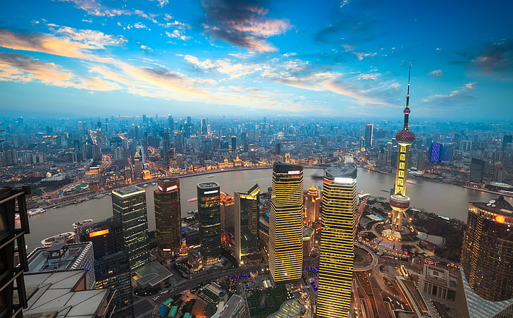 Шанхайски залез, ориенталска перлена кула, Китай, Азия, Китай, град, небостъргачи, Шанхай, HD тапет