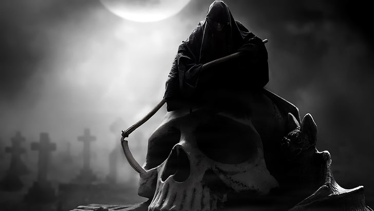 Ilustración del parca, muerte, la luna, cráneo, capucha, trenza, sombrío, Fondo de pantalla HD