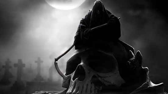 ilustrasi malaikat maut, kematian, bulan, tengkorak, kap mesin, kepang, suram, Wallpaper HD HD wallpaper