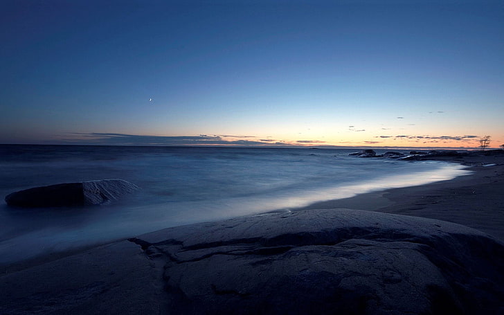 arena negra, orilla, mar, luz, cielo, Fondo de pantalla HD