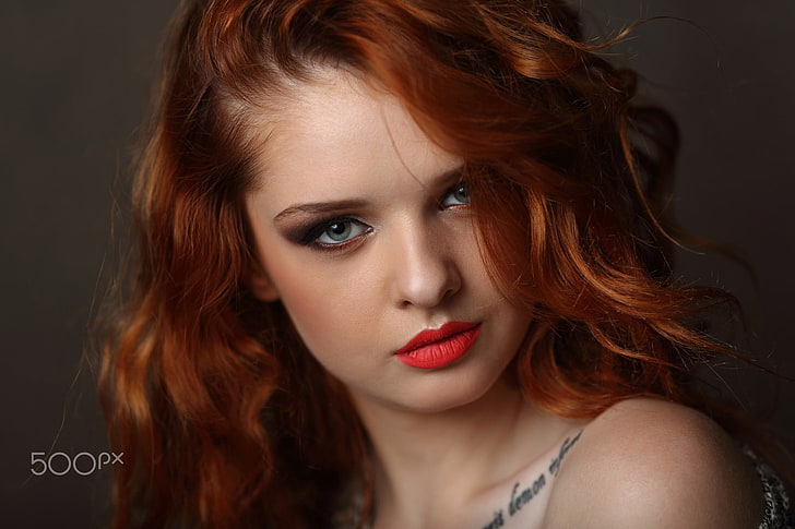 wanita, berambut merah, wajah, mata biru, lipstik merah, potret, tato, mata berasap, Wallpaper HD