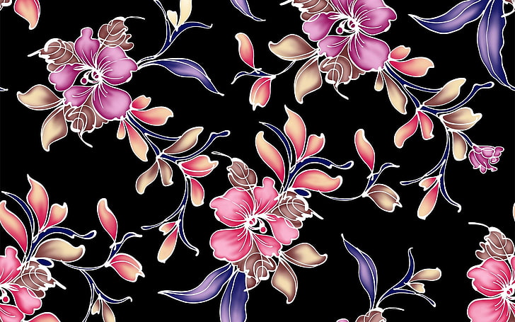 pink and purple flowers wallpaper, flowers, background, dark, patterns, HD wallpaper