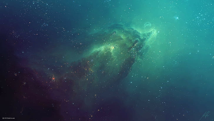Nebel, Sterne, Raum, Grün, Galaxie, TylerCreatesWorlds, Raumkunst, Grafik, Blau, mehrfache Anzeige, digitale Kunst, abstrakt, HD-Hintergrundbild