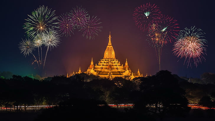 din, gece, kutlama, güneydoğu asya, asya, mimari, pagoda, ananda phato tapınağı, hint, birmanya, yeni yıl, budizm, havai fişek gösterisi, tapınak, myanmar, HD masaüstü duvar kağıdı