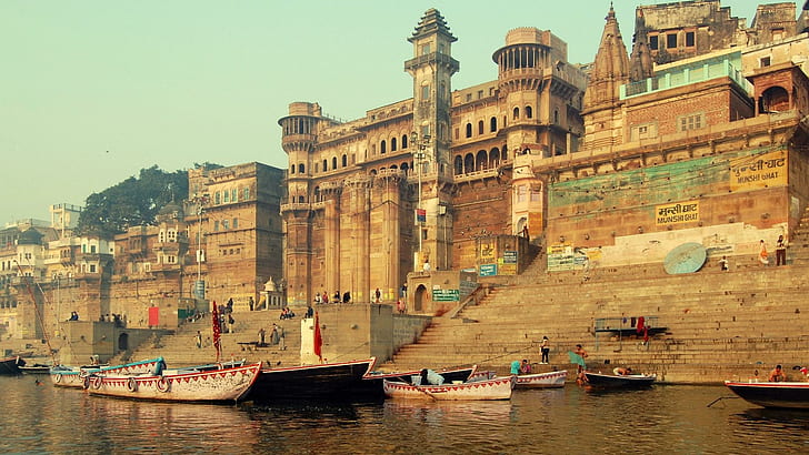 Varanasi India, templo, río, ciudad, barco, naturaleza y paisajes., Fondo de pantalla HD