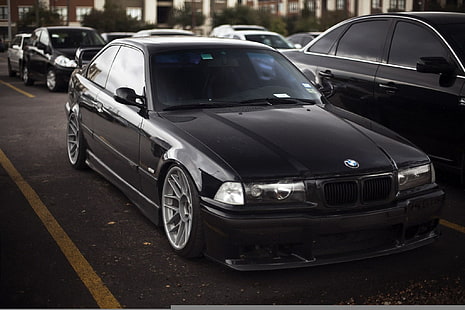 black BMW coupe, BMW, black, bbs, low, 3 series, E36, HD wallpaper HD wallpaper