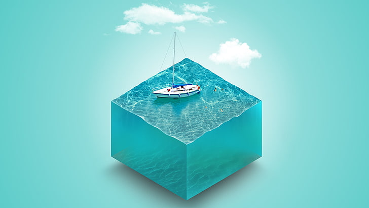weiße Kanu ClipArt, digitale Kunst, Wasser, Boot, einfachen Hintergrund, 3D-Objekt, Würfel, Yachten, Cyan, Meer, Wolken, Cyan Hintergrund, HD-Hintergrundbild