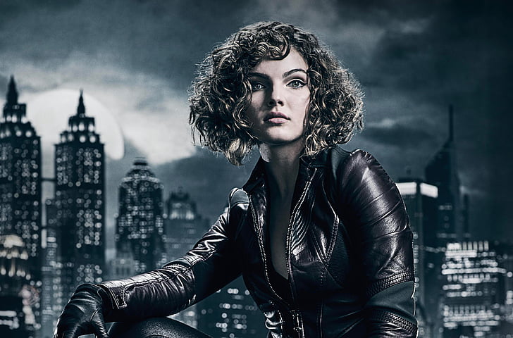 kobieta w czarnej skórzanej kurtce rozpinanej na zamek, Kobieta-Kot, Camren Bicondova, Gotham, sezon 4, Tapety HD