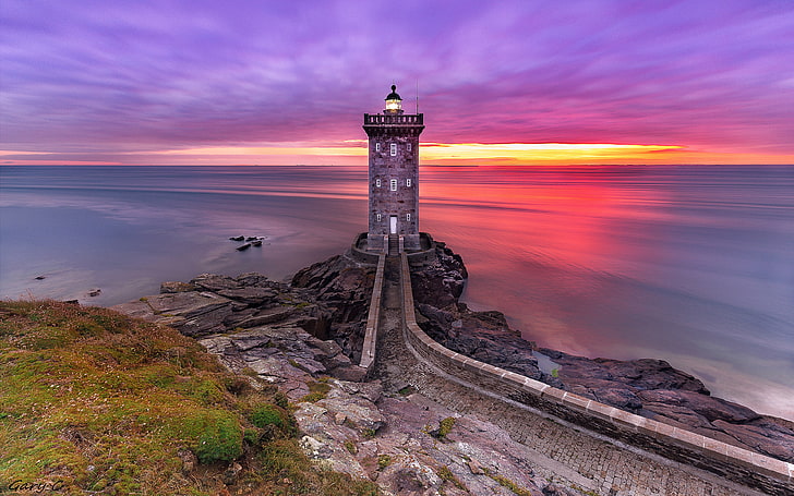 Kermorvan Lighthouse Coastline Atlantic Ocean Bretagne Frankrike Sunset Landscape Photography Desktop Hd Wallpaper För Pc-surfplatta och mobil 3840 × 2400, HD tapet
