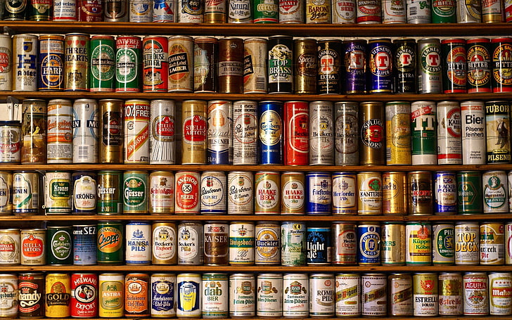 ソーダ缶、ビール、創造性、アルコール、棚、缶、 HDデスクトップの壁紙