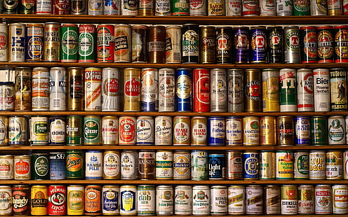 soda can lot, beer, creativity, alcohol, shelves, can, HD wallpaper HD wallpaper