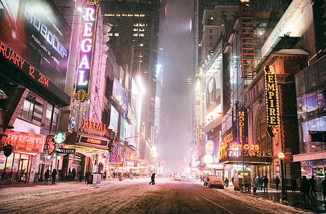 New York Time Square, winter, road, machine, night, the city, lights, people, street, building, New York, skyscrapers, signs, USA, Manhattan, NYC, New York City, stores, HD wallpaper HD wallpaper